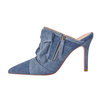 Denim Pointed Toe Stiletto Mules Pumps | Onlymaker Everyday