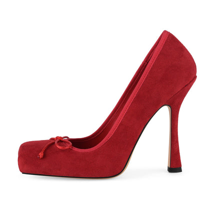 Suede Square Toe Bow Ballet Pumps | Onlymaker Essential