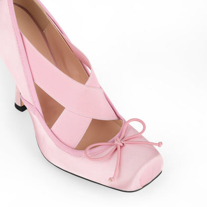 Square Toe Satin Bow Ballet Cross Strap Pumps | Onlymaker Best Price