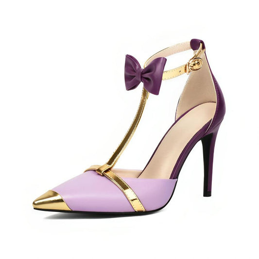Pointed Toe Bow Ankle T-Strap High Heels | Onlymaker New