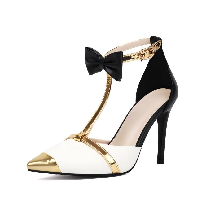 Pointed Toe Bow Ankle T-Strap High Heels | Onlymaker New