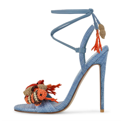 Round Toe Woven Embellished Ankle Strap Sandals | Onlymaker Value