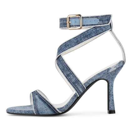 Round Toe Denim Cross Ankle Strap Sandals | Onlymaker Discount