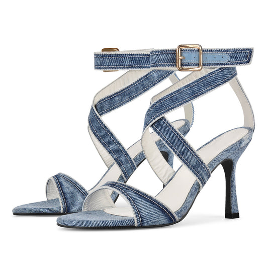 Round Toe Denim Cross Ankle Strap Sandals | Onlymaker Discount