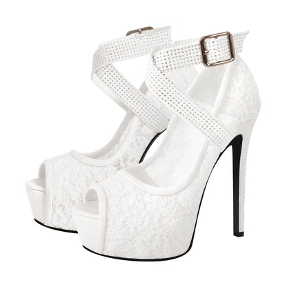 Peep Toe Platform Criss Cross Strap Mesh High Heels | Onlymaker Exclusive