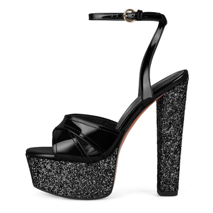 Glitter Platform Ankle Strap Chunky Heel Sandals | Onlymaker Best Price