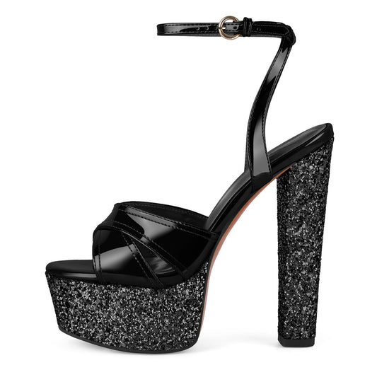 Glitter Platform Ankle Strap Chunky Heel Sandals | Onlymaker Best Price