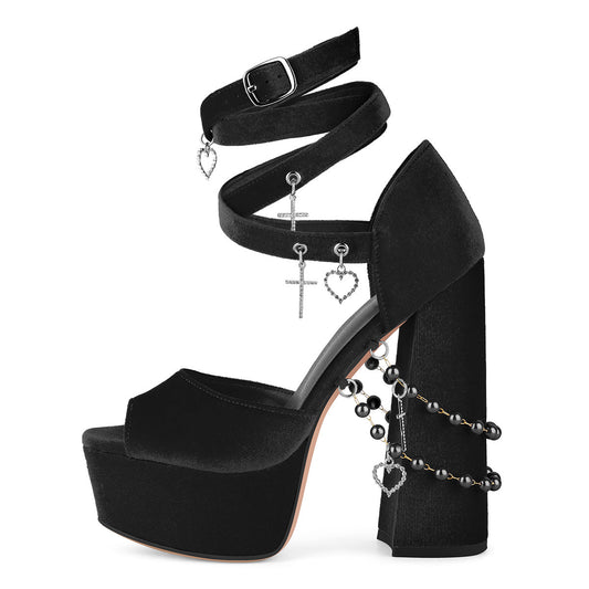 Pendant Platform Wrap Buckle Strap Velvet Sandals | Onlymaker Latest