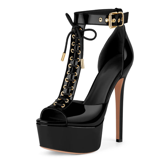 Platform Buckle T-Strap Lace-up Sandals | Onlymaker Featured