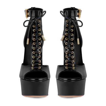 Platform Buckle T-Strap Lace-up Sandals | Onlymaker Featured