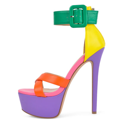 Multicolor Platform Ankle Strap Stiletto Sandals | Onlymaker Trusted