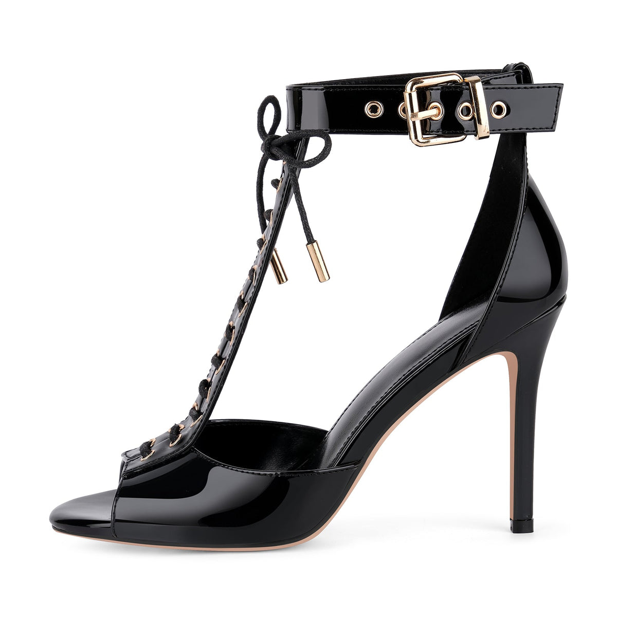 Buckle T-Strap Lace-up Patent Sandals | Onlymaker Sale