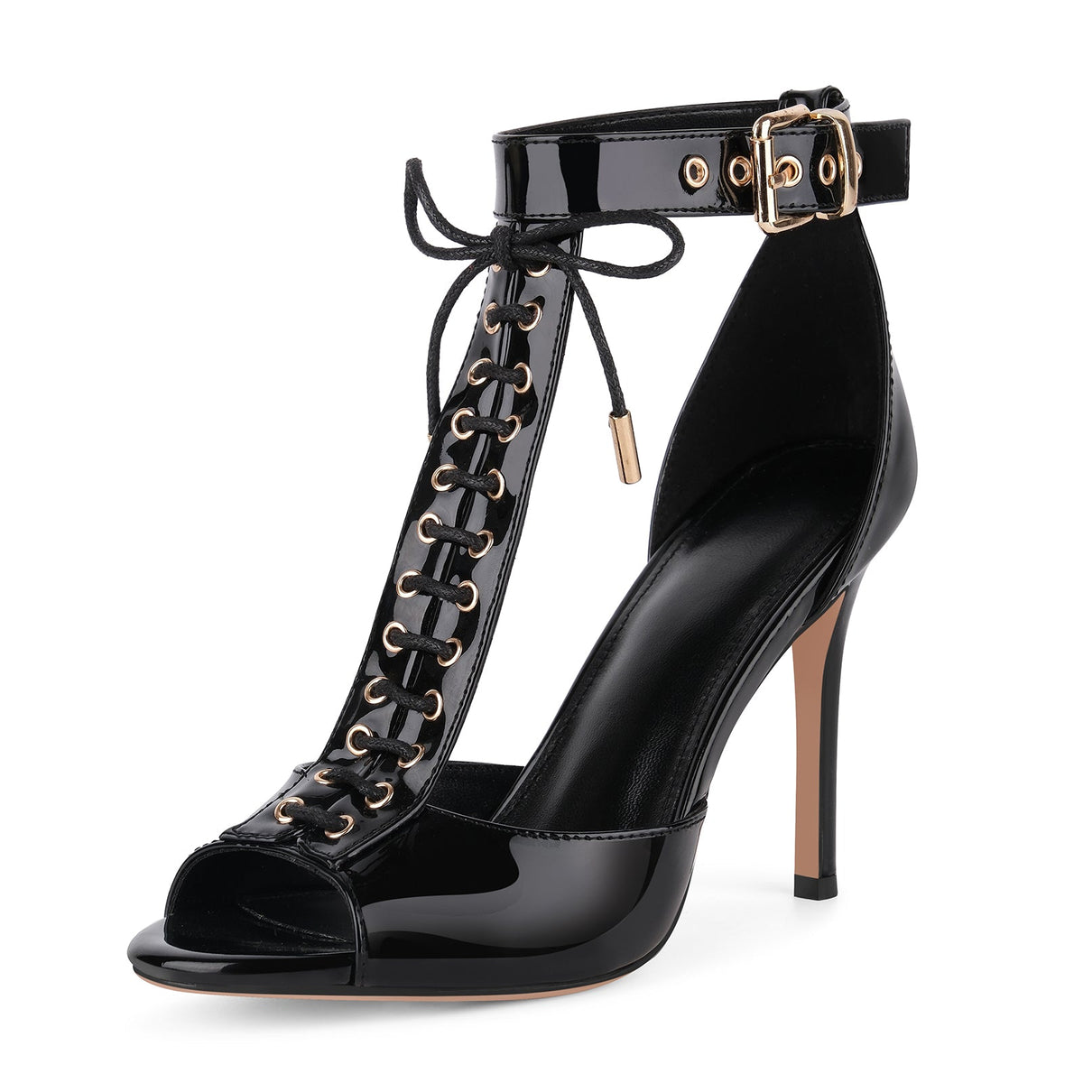 Buckle T-Strap Lace-up Patent Sandals | Onlymaker Sale