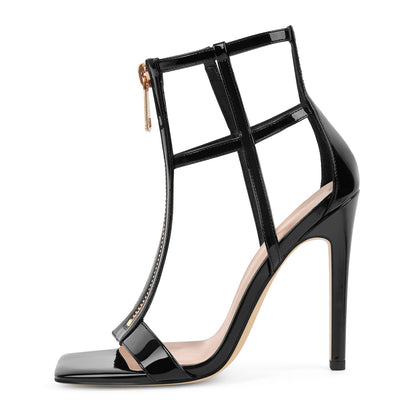Square Toe T-Strap Zipper Patent Sandals | Onlymaker Classic