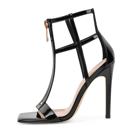 Square Toe T-Strap Zipper Patent Sandals | Onlymaker Classic