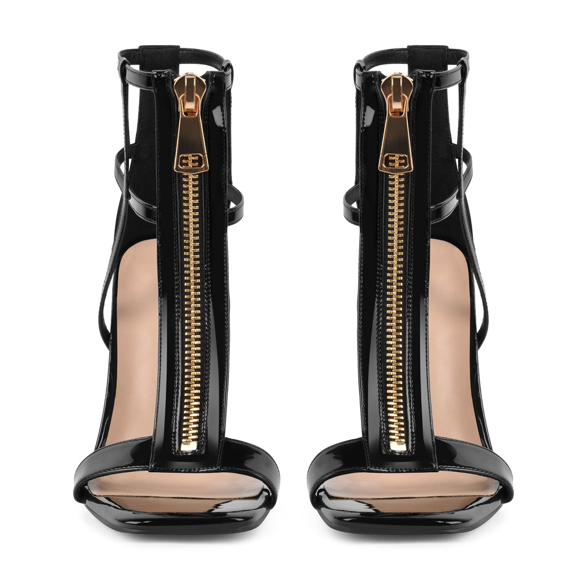 Square Toe T-Strap Zipper Patent Sandals | Onlymaker Classic