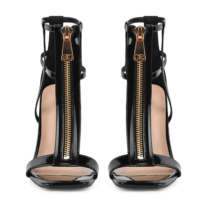 Square Toe T-Strap Zipper Patent Sandals | Onlymaker Classic