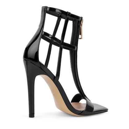 Square Toe T-Strap Zipper Patent Sandals | Onlymaker Classic