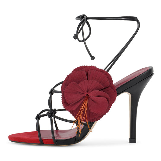 Red Flower Applique Ankle Strap Sandals | Onlymaker Classic