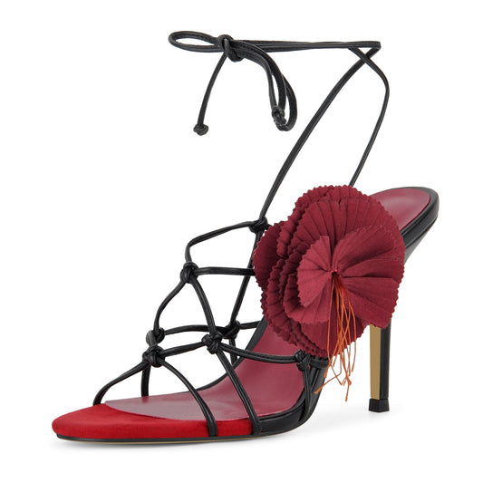 Red Flower Applique Ankle Strap Sandals | Onlymaker Classic
