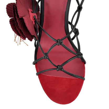 Red Flower Applique Ankle Strap Sandals | Onlymaker Classic