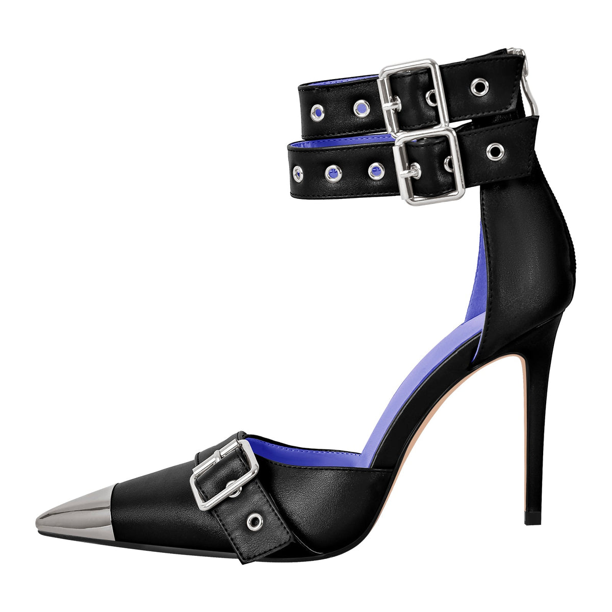 Pointed Metal Toe Stiletto Double Ankle Strap Denim Pumps | Onlymaker Premium
