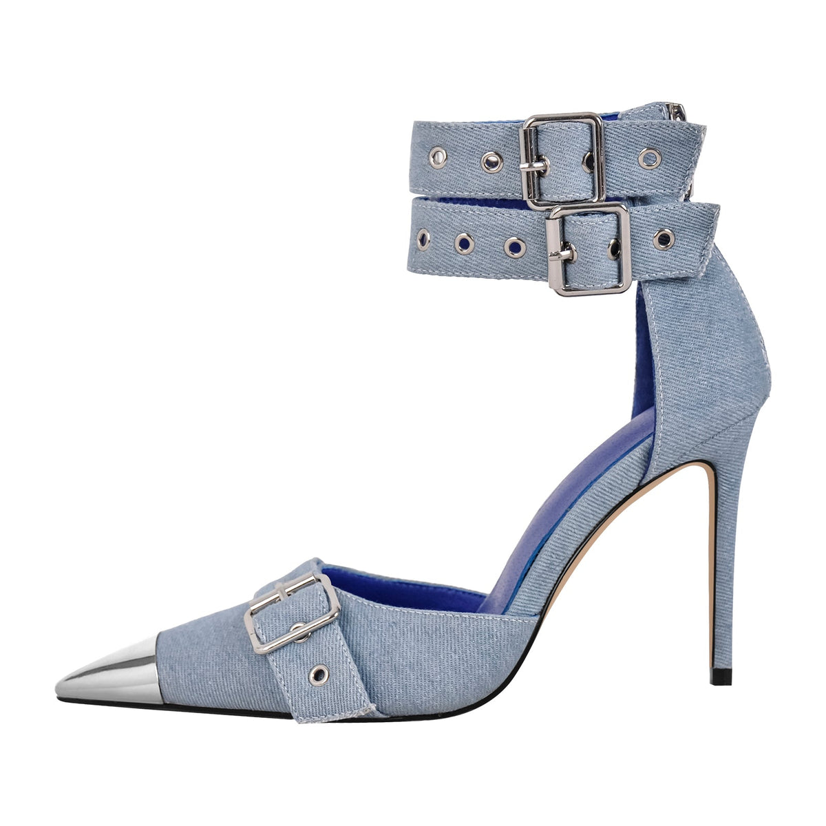 Pointed Metal Toe Stiletto Double Ankle Strap Denim Pumps | Onlymaker Premium