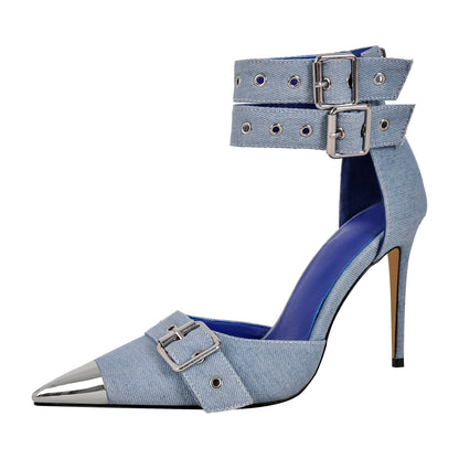 Pointed Metal Toe Stiletto Double Ankle Strap Denim Pumps | Onlymaker Premium