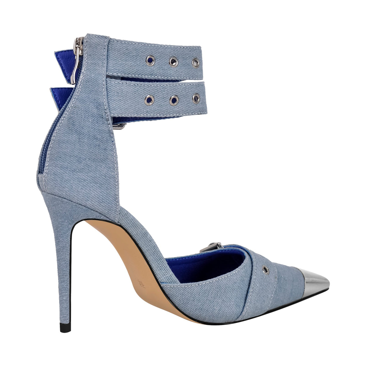 Pointed Metal Toe Stiletto Double Ankle Strap Denim Pumps | Onlymaker Premium