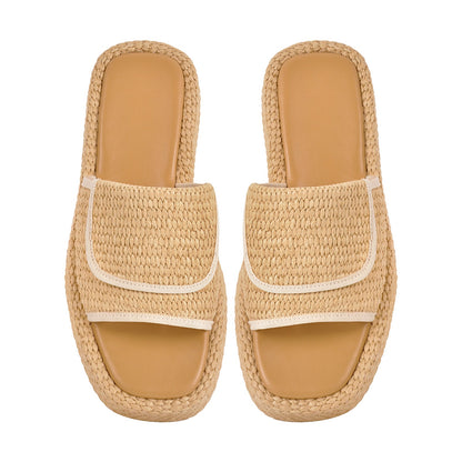 Straw Platform Square Toe Flats Slippers | Onlymaker Recommended