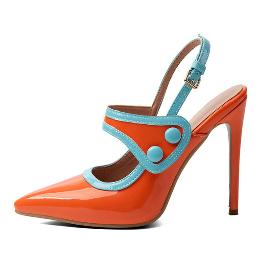 Pointed Toe Color Block Button Slingback Pumps | Onlymaker Smart Buy