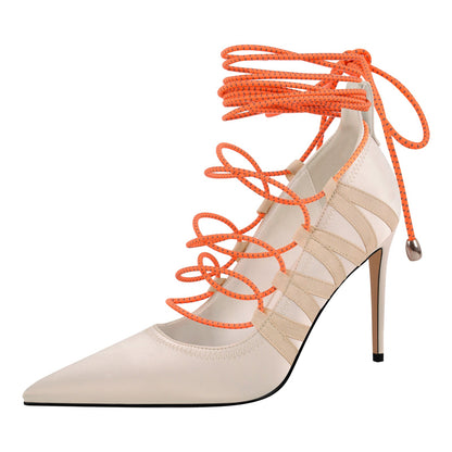 Pointed Toe Gladiator Lace-up Satin Pumps | Onlymaker Everyday