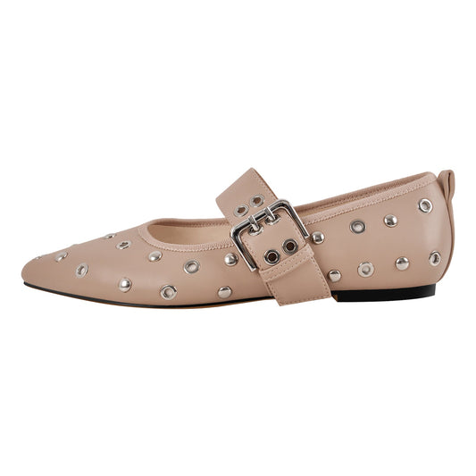 Pointed Toe Rivet Buckle Strap Flats | Onlymaker Essential
