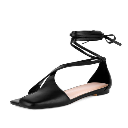 Square Toe Semi Open Toe Lace-up Flats | Onlymaker Featured